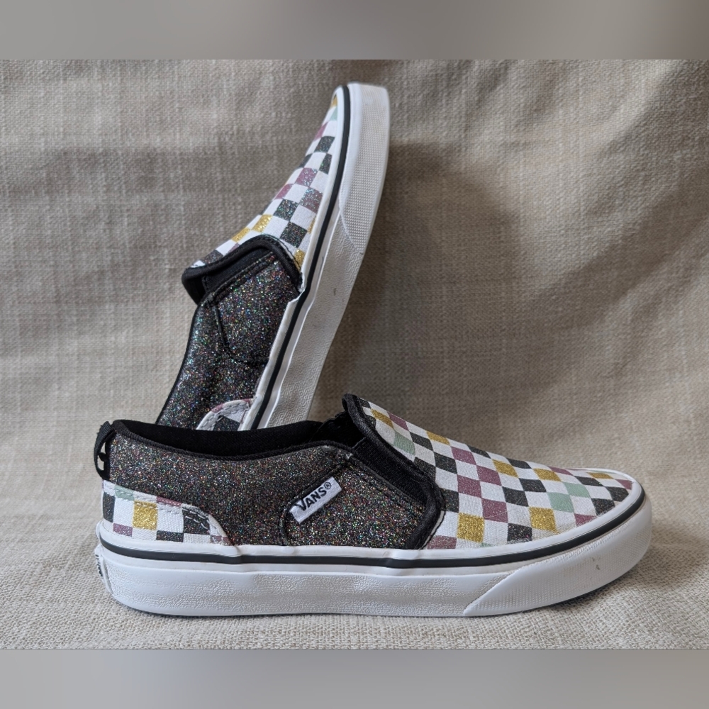 Vans Asher Glitter Checkerboard Slip-On Low Top Sneakers! Girls Size 3!